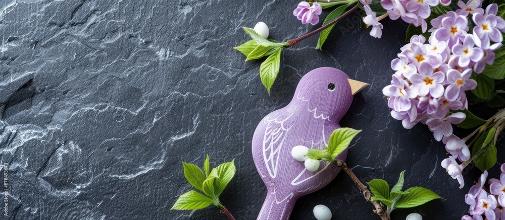 Poster Easter-themed text with a purple wooden bird displayed on a rough dark background within a white frame, creating a charming copy space image.
