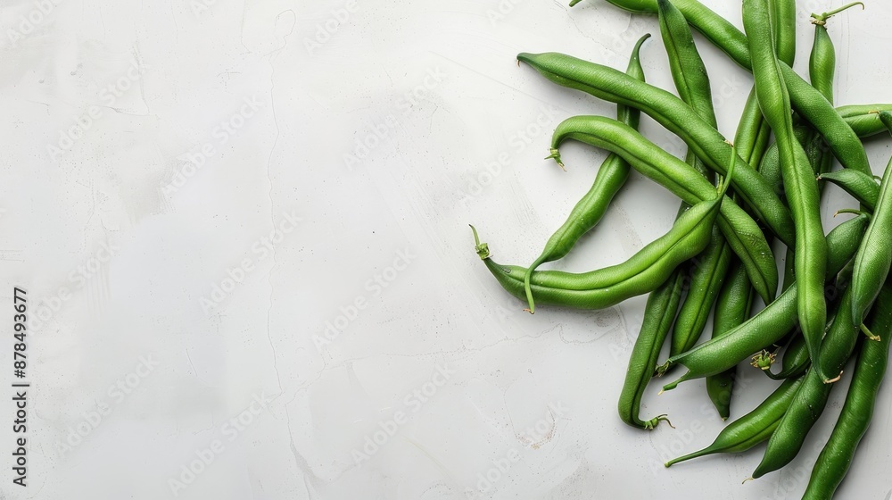 Poster top view of green beans on white background with text space flat lay