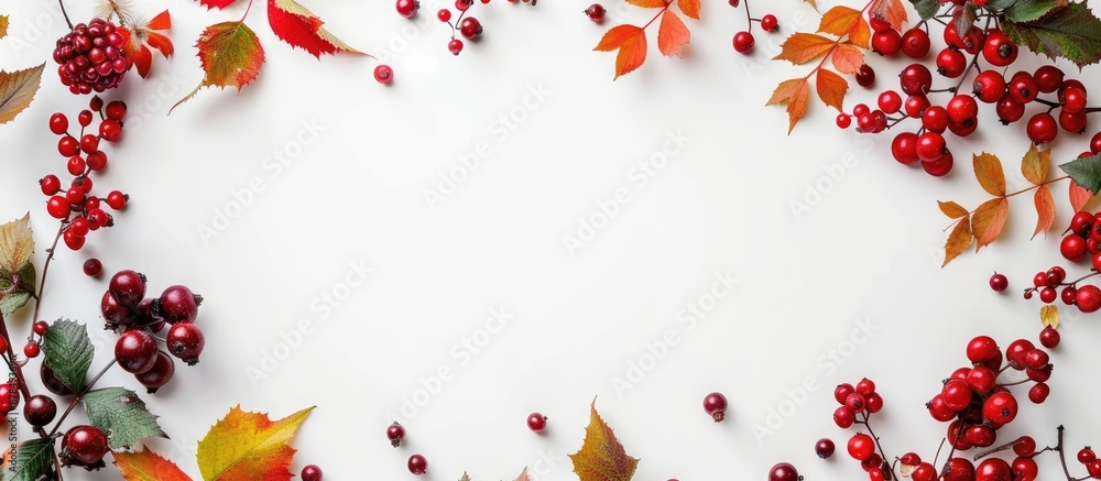 Poster autumn-themed arrangement with berries forming a frame on a white background. perfect for fall, feat