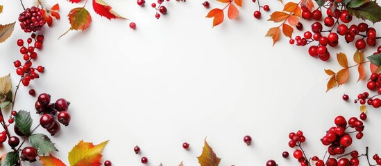 Autumn-themed arrangement with berries forming a frame on a white background. Perfect for fall, featuring a flat lay and top view with ample copy space image.