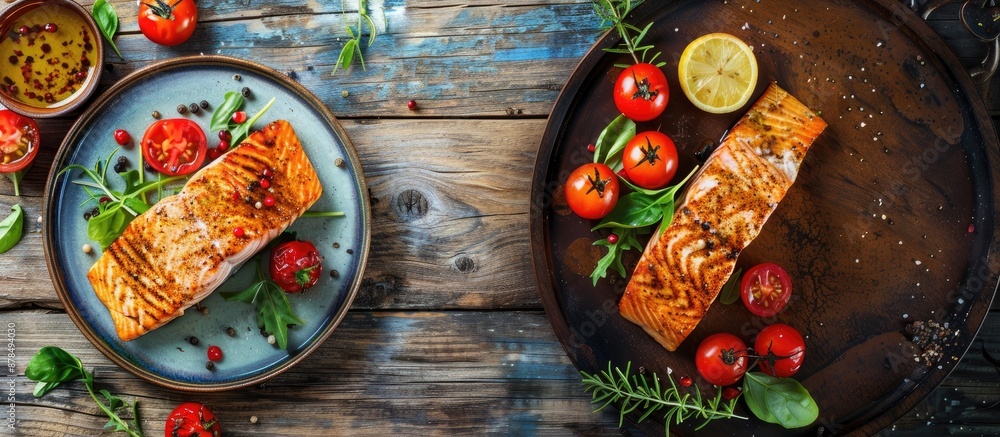 Poster delicious air-fried salmon and veggies on a rustic wooden table - top view with copy space image for