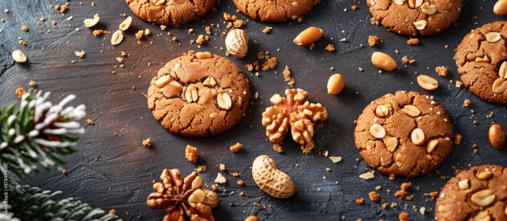 Poster Christmas cookies featuring caramel, peanuts on a stone surface. Top view with copy space image.