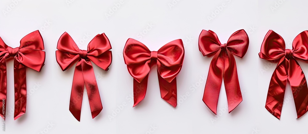 Poster collection of elegant red satin bows with ribbons on a white backdrop, suitable for use as a copy sp