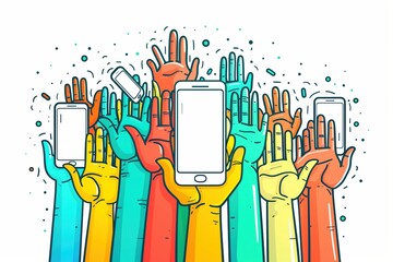 Group of Hands Holding Smartphones Illustration, diverse hands with mobile devices, showcasing technology, communication, and digital connectivity in a vibrant and colorful design.