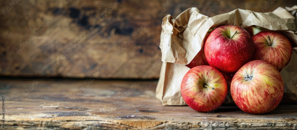 Poster eco apples in a paper bag on a rustic natural background with copy space image.