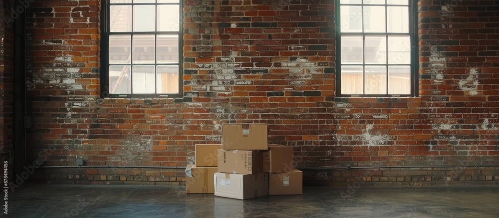 Poster Boxes for moving are stacked in an empty room against a brick wall, featuring a copy space image.