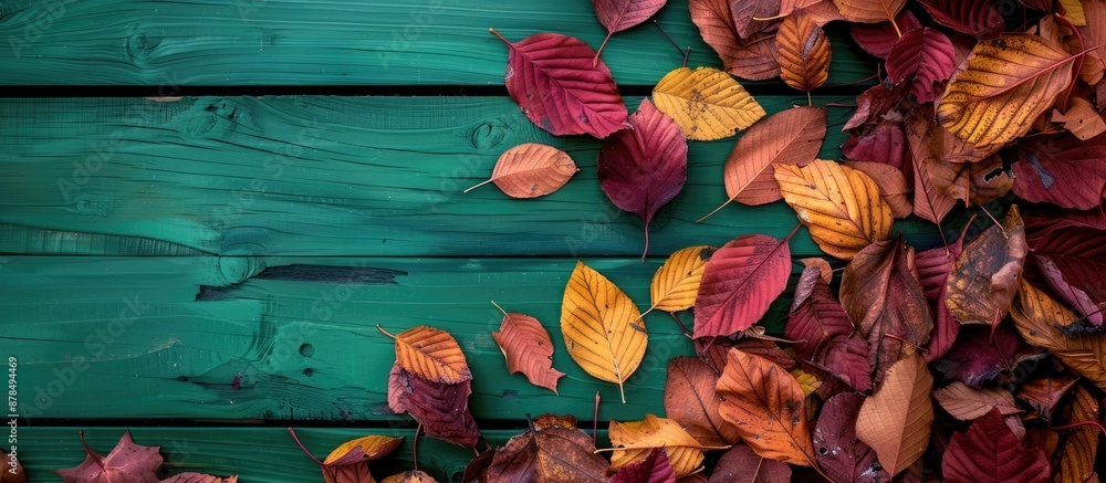 Poster fall-colored dried leaves piled up on a green wooden surface with a blank area for text or images, c