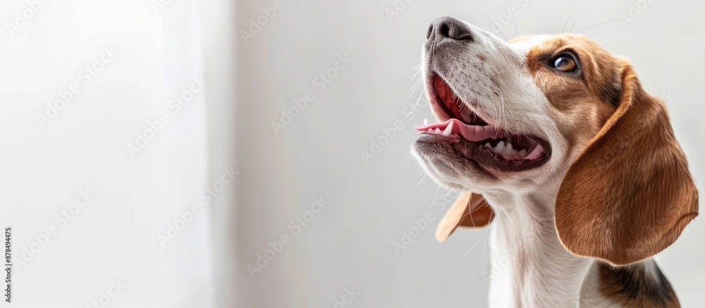 Poster beagle dog joyfully gazing upwards by the window, mouth open, against a white background with ample 
