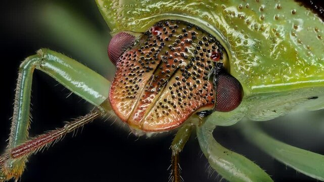 Green Burgundy Stink Bug, Banasa dimidiata, extreme macro closeup of head rotating slowly