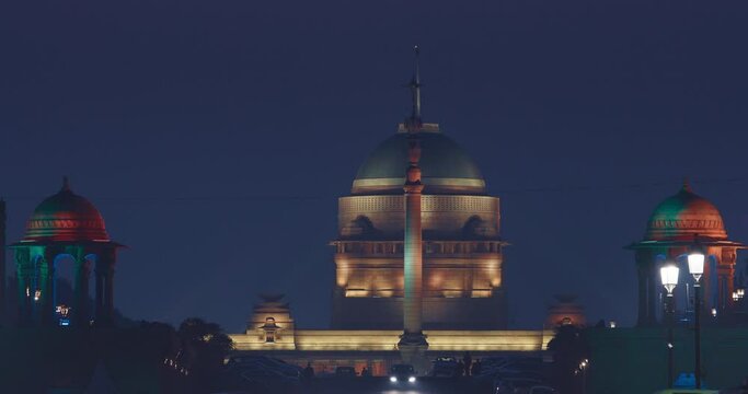 New Delhi, Delhi, India. Close up of Rashtrapati Bhavan, Viceroys House, official residence Presidential Palace in Kartavya Path, Rajpath Area. Rashtrapati Bhavan in evening night illumination lights