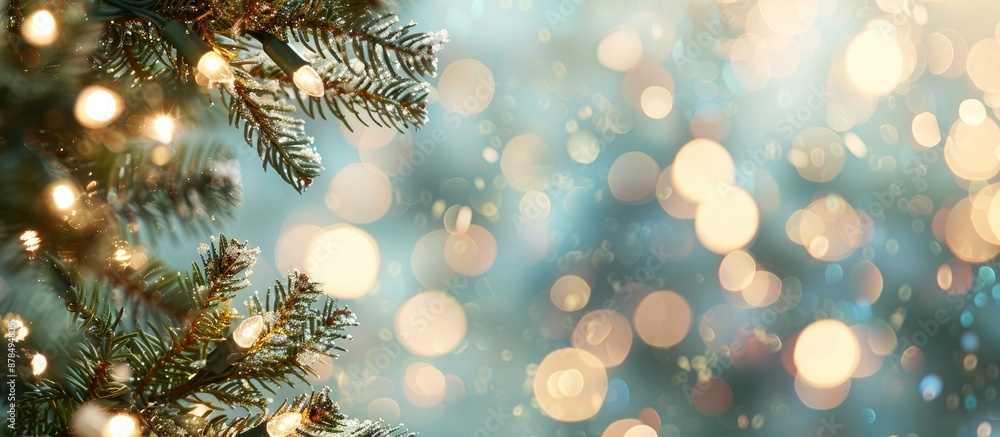 Poster festive banner with a blurred bokeh background featuring light bulbs and christmas tree branches, pe
