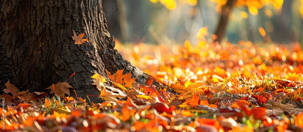 Poster autumn foliage strewn by the base of a tree with copy space image.
