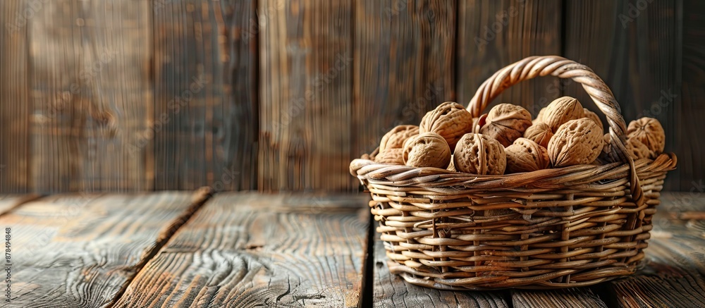 Poster dark wooden background with an oval wicker basket filled with walnuts. copy space image included.