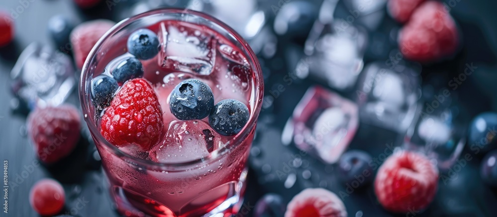 Poster Close-up view of a summer drink with berries and ice cubes on a table, providing copy space for an image.