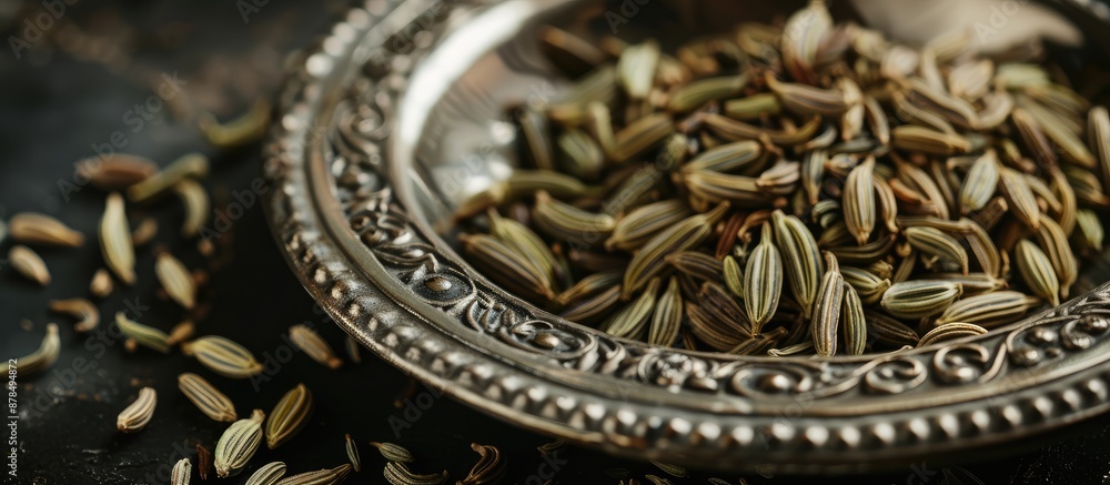 Poster close-up view of fennel seeds displayed on a shiny silver plate, with a clear background for a copy 