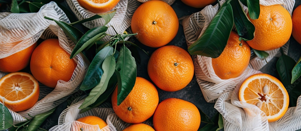 Poster Flatlay composition featuring oranges displayed with mesh bags, creating an appealing copy space image.