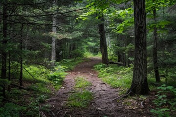 Obraz premium A serene forest path bathed in sunlight, surrounded by tall trees and lush green foliage.