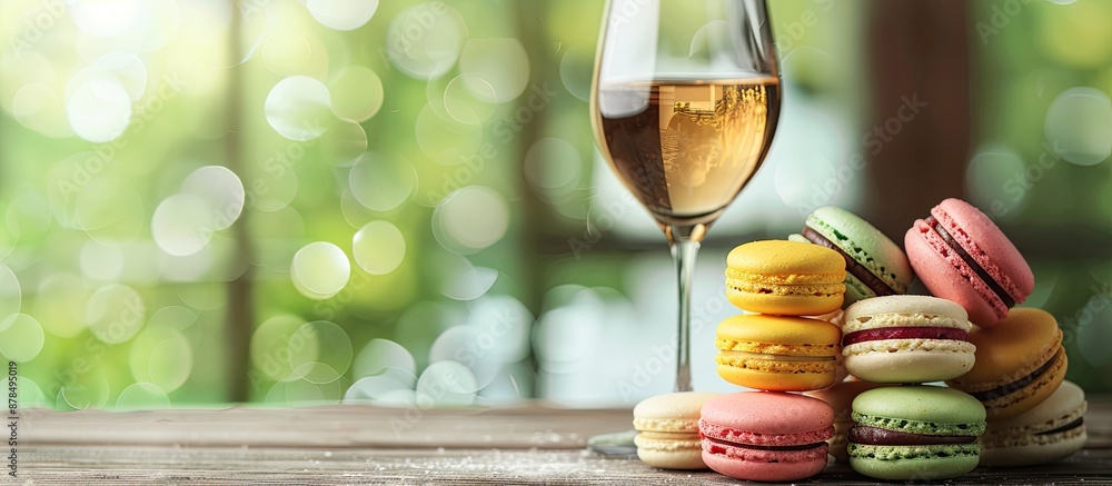 Poster Colorful macaroons from a French bakery displayed on a wooden table with a wine glass, creating a relaxing morning scene with copy space image.