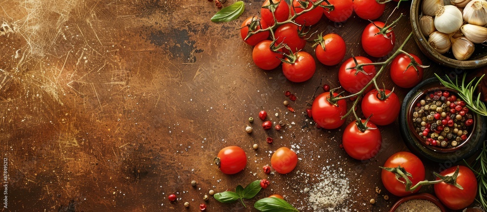 Poster cherry tomatoes and other ingredients arranged on a food background for a menu concept with copy spa