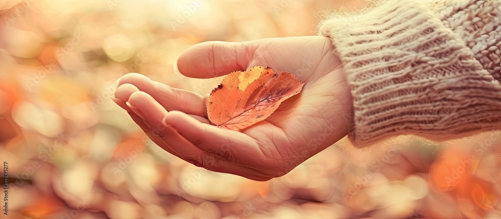 Poster close-up of a hand holding autumn leaves with copy space image available.