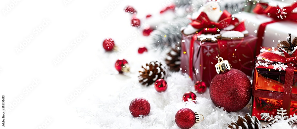 Poster christmas toys and gift boxes displayed on a white background, emphasizing the festive holiday theme