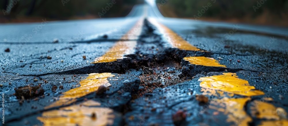 Poster Close-up image of a section of the road showing a broken asphalt cover with copy space image.