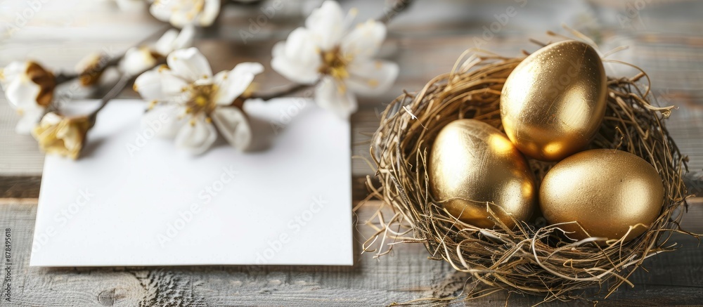 Poster easter-themed arrangement featuring golden eggs and nests on a blank card with a copy space image.