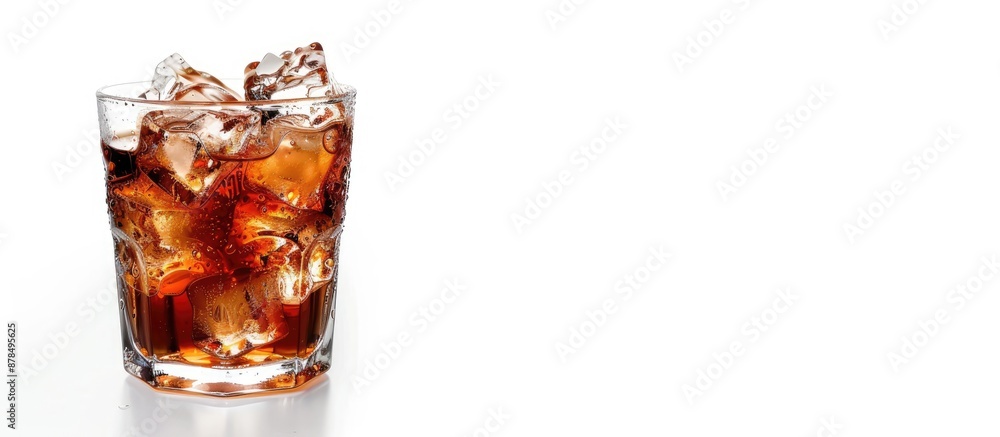 Poster close up of a glass of cola with ice, isolated on a white background, perfect for a copy space image
