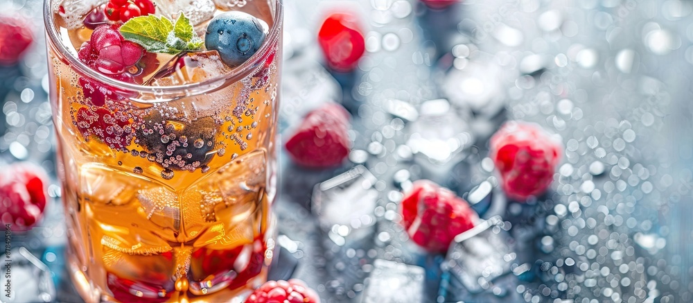 Aufkleber Close-up view of a summer drink with berries and ice cubes on a table, providing copy space for an image.