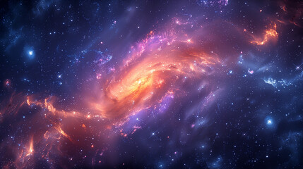 Naklejka premium A vibrant and colorful depiction of a spiral galaxy with bright orange and purple hues, surrounded by stars and cosmic dust in deep space.