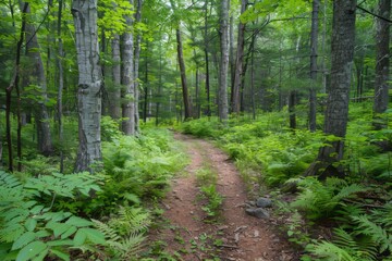 Fototapeta premium A serene forest path bathed in sunlight, surrounded by tall trees and lush green foliage.