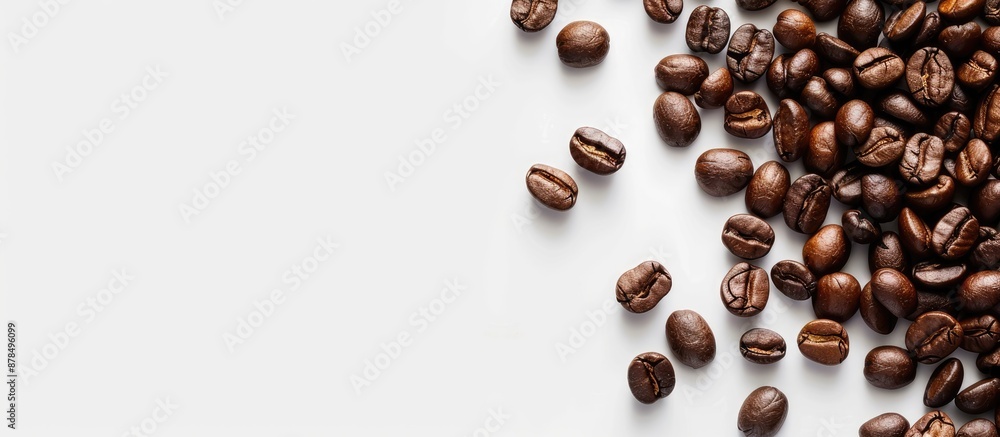 Poster coffee beans are shown on a white backdrop in a copy space image.