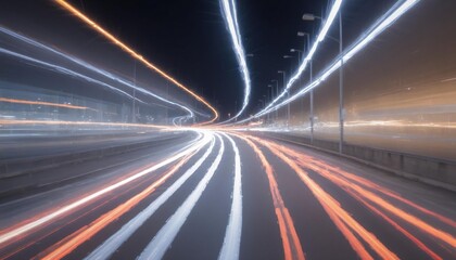 Obraz premium Car motion trails. Speed light streaks background with blurred fast moving light effect, Racing cars dynamic flash effects city road with long exposure night lights by generative ai.