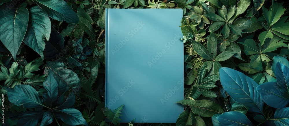 Poster an empty blue paper rests on lush greenery in a natural setting, providing ample space for adding an