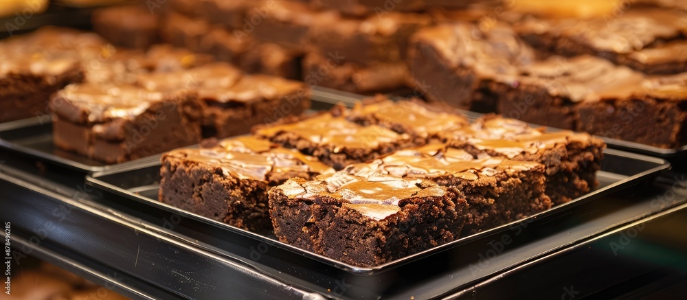 Aufkleber brownies are neatly arranged on a black tray in a shelf with a copy space image for sale.