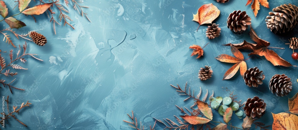 Poster Blue backdrop featuring autumn foliage like leaves and pine cones, offering a spot for additional content with a copy space image.