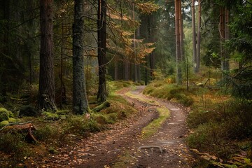 Fototapeta premium A serene forest path bathed in sunlight, surrounded by tall trees and lush green foliage.