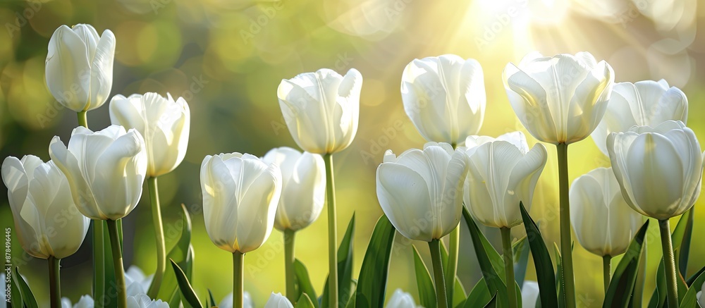Poster Beautiful white tulips in a spring setting with a background suitable for adding text or images. image with copy space