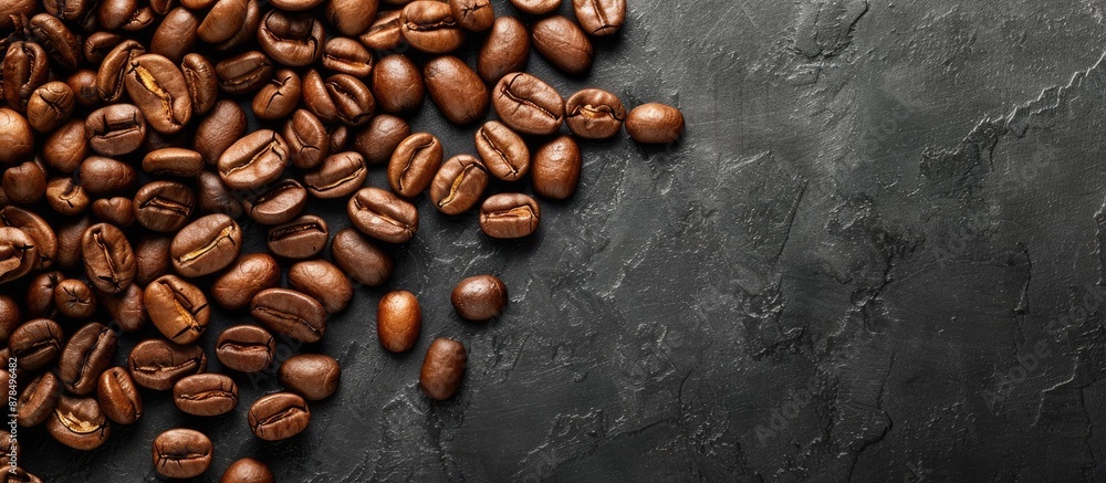 Poster coffee beans spread out on a black table with copy space image.