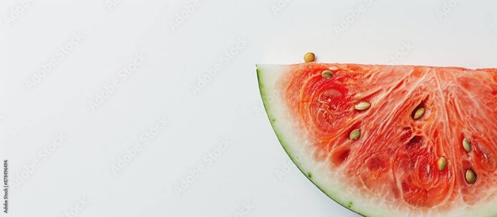 Poster close-up of a ripe watermelon slice against a white backdrop, showcasing its sweetness and juiciness