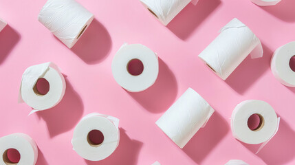White Toilet Paper Rolls: Minimalist Flat Lay on a Pink background - Copy space. 