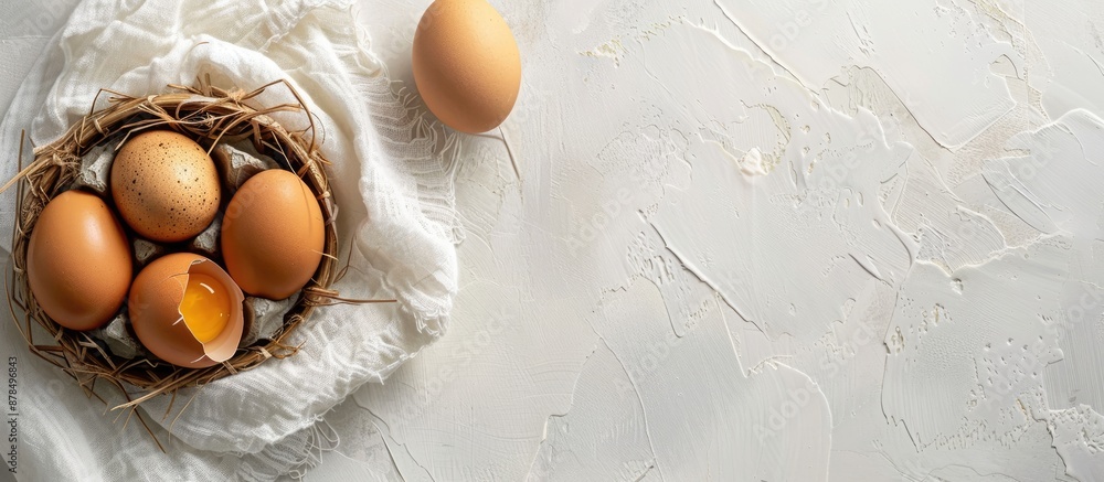 Poster chicken egg with eggshell in a basket, captured from above with copy space image. depicting natural,