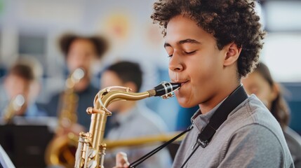 A student practicing a musical instrument in a school band