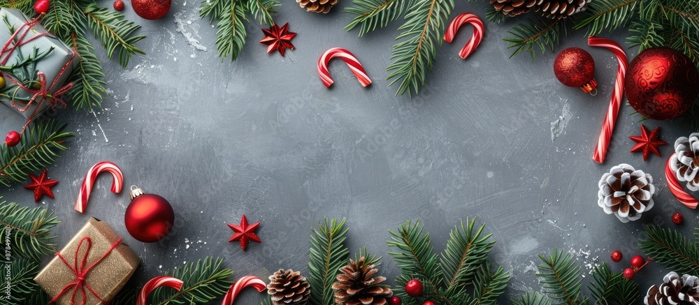 Poster Festive Christmas card with decorations on a gray backdrop, conveying a New Year theme. Includes a blank area for text or images. Top-down view. image with copy space