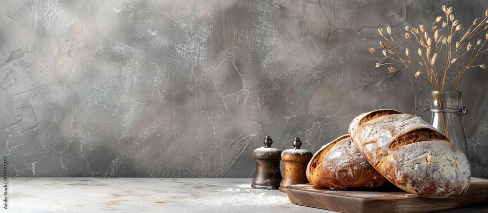 Poster Copy space image of table with freshly baked homemade bread and sliced bread, showcasing simple and traditional food from a side view.