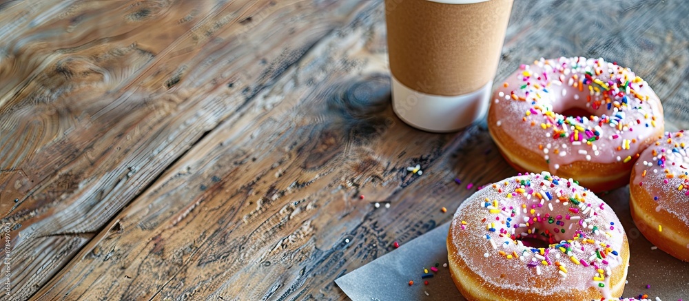Poster Delectable doughnuts topped with sprinkles, resting on a wooden table with a paper cup nearby, creating a charming scene with copy space image.