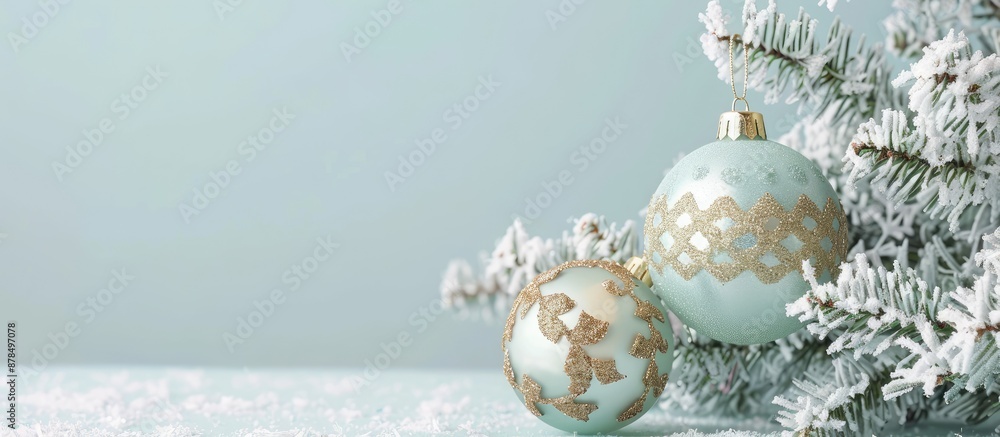 Poster charming christmas tree ornament on a blue backdrop with available copy space image.