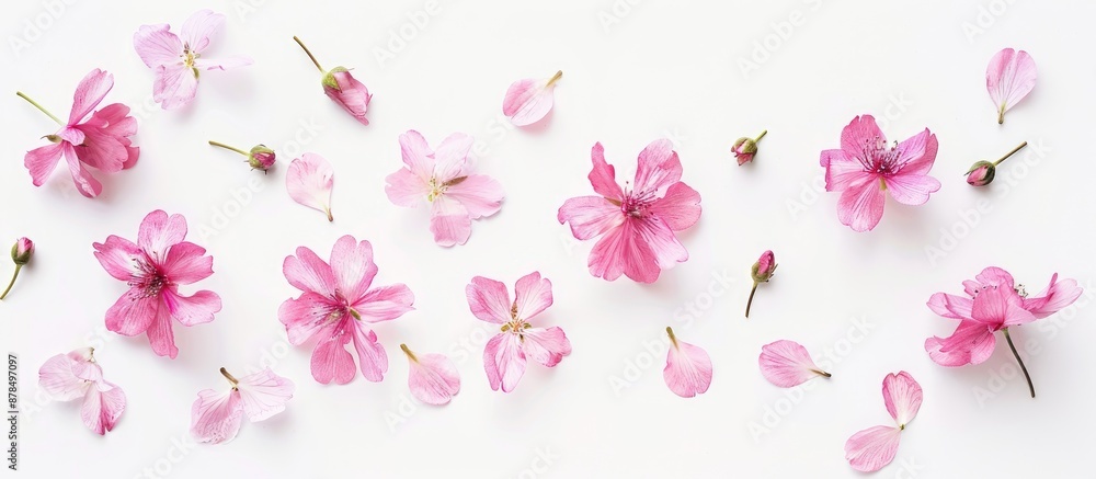 Poster delicate pink flowers on a white background in a top view copy space image.
