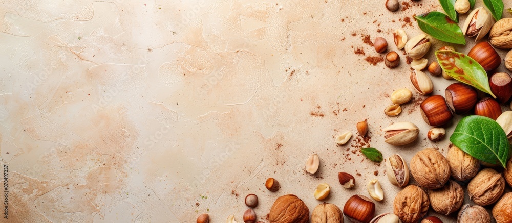Aufkleber Assorted nuts and hazelnuts arranged on a fresh background with copy space image.