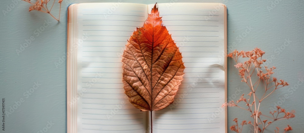 Poster An autumnal leaf and a dried plant arranged on an open notebook with copy space image.